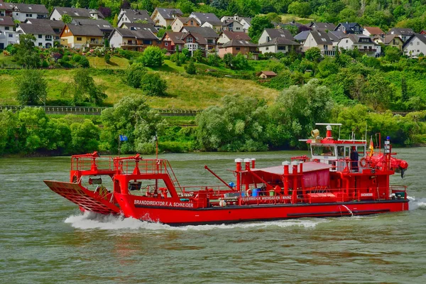 Rheintal Deutschland August 2021 Feuerwehrboot Tal Der Mittelalterlichen Burgen — Stockfoto