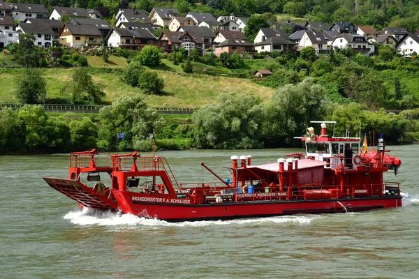 Rhine Valley Germany August 2021 Firemen Boat Valley Medieval Castles — Stock Photo, Image