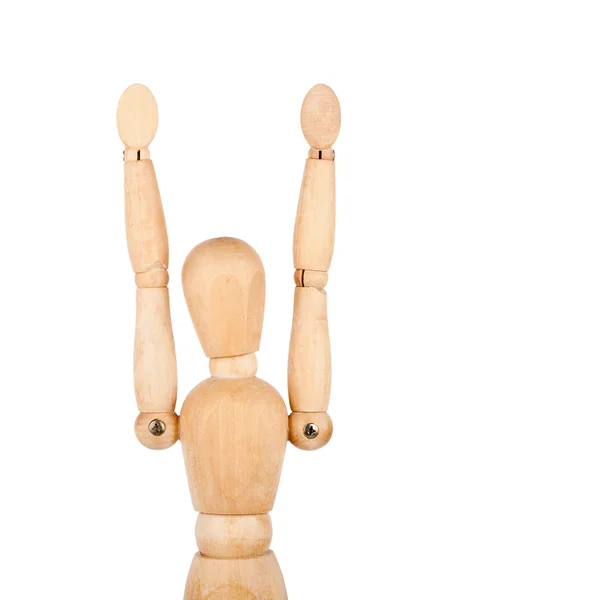 Wooden dummy with raised hands — Stock Photo, Image