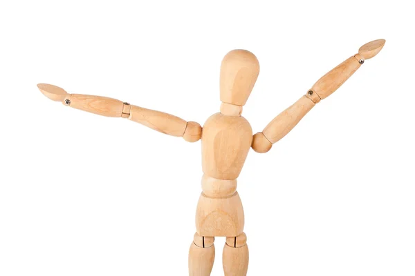 Wooden dummy with raised hands — Stock Photo, Image