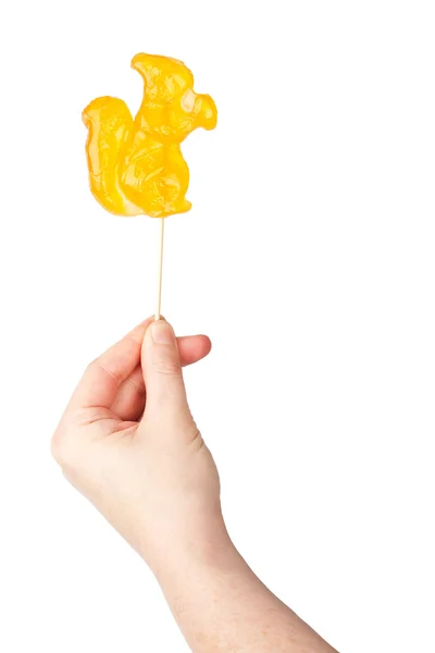 Hand holding squirrel shape lollipop — Stock Photo, Image