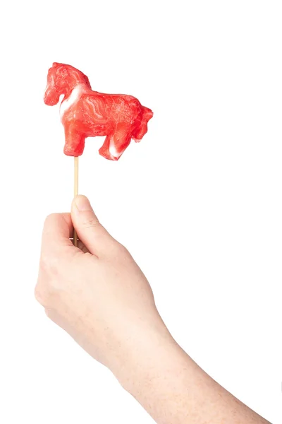 Hand met paard shape lollipop — Stockfoto