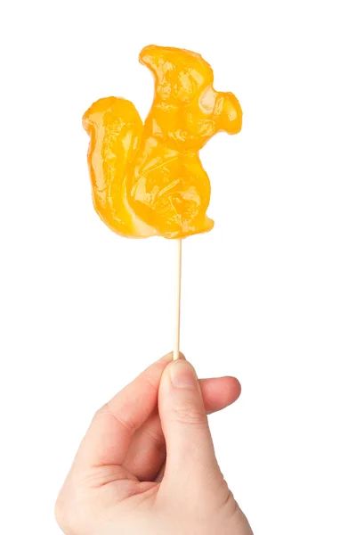 Hand holding squirrel shape lollipop — Stock Photo, Image