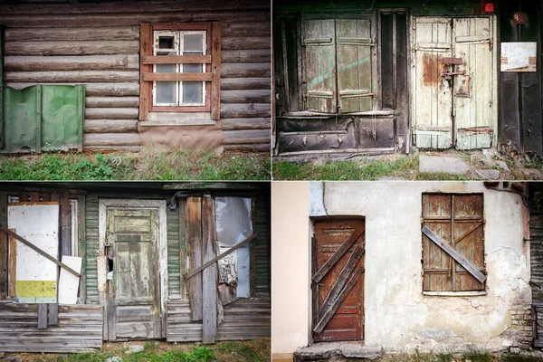 Собрание Изображений Заброшенными Домами Заколоченные Окна Старые Двери Заброшенных Домов — стоковое фото
