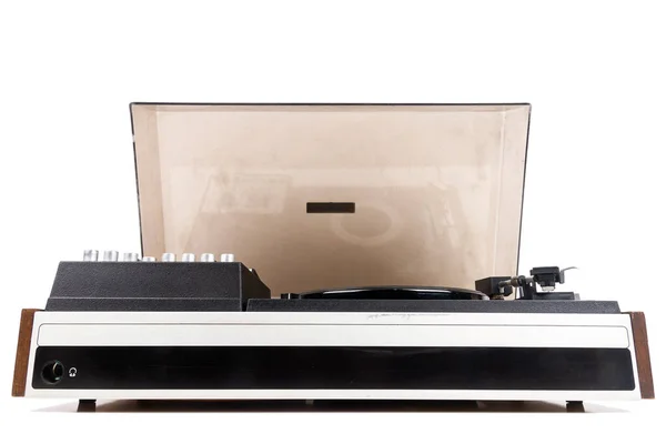 白の背景に隔離されたヴィンテージターンテーブルレコードプレーヤー — ストック写真