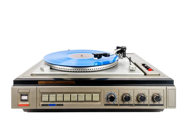 Giradischi Vintage Con Vinile Blu Isolato Sfondo Bianco — Foto Stock