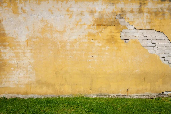 Old Yellow Plaster Brick Wall Green Grass Architectural Detail Background — Stockfoto