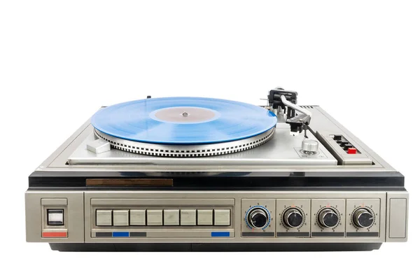 Vintage Plattenspieler Mit Blauem Vinyl Isoliert Auf Weißem Hintergrund — Stockfoto