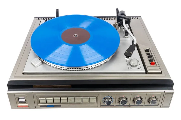 Vintage Turntable Record Player Blue Vinyl Isolated White Background — 图库照片