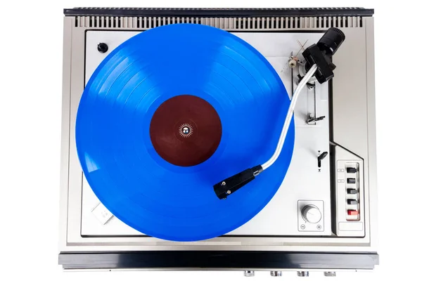 Tocadiscos Vintage Con Vinilo Azul Aislado Sobre Fondo Blanco —  Fotos de Stock