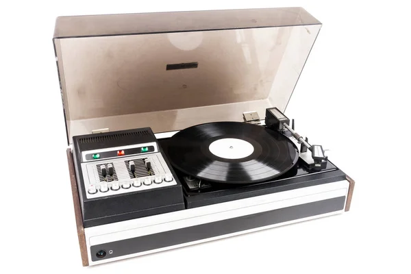 Vintage Gramofon Osłoną Przeciwkurzową Izolowane Białym Tle — Zdjęcie stockowe