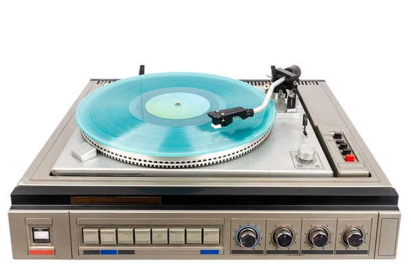 Turkuaz Vinili Beyaz Arkaplanda Izole Edilmiş Klasik Turntable Müzik Çalar — Stok fotoğraf