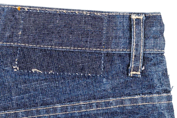 Pezzo Tessuto Jeans Blu Con Strappato Schiena Etichettato Sfondo Bianco — Foto Stock