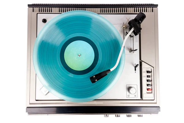 Tocadiscos Vintage Con Vinilo Turquesa Aislado Sobre Fondo Blanco —  Fotos de Stock