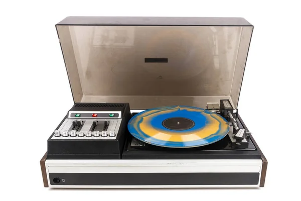Ročník Gramofon Přehrávač Modrým Oranžovým Vinylem Izolované Bílém Pozadí — Stock fotografie