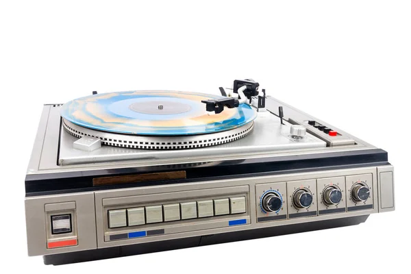 Mavi Turuncu Vinili Beyaz Arka Planda Izole Edilmiş Klasik Turntable — Stok fotoğraf