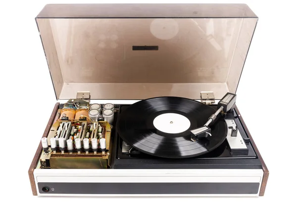 Vintage Turntable Record Player Black Vinyl Isolated White Background Visible — ストック写真