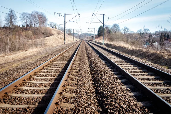 Vista Trilhos Ferroviários Início Primavera — Fotografia de Stock