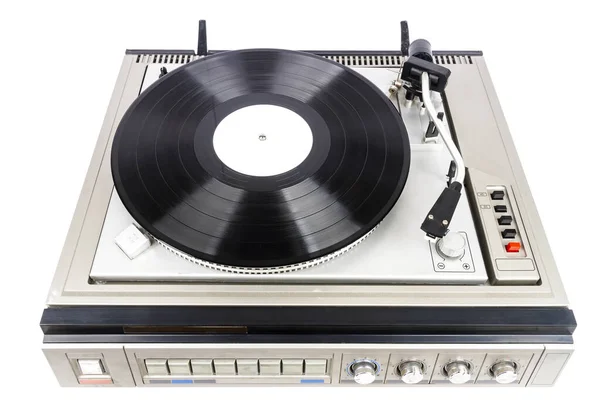 Tocadiscos Vintage Con Vinilo Negro Aislado Sobre Fondo Blanco — Foto de Stock