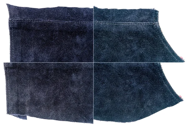Samling Blå Läder Texturer Isolerade Vit Bakgrund Tuffa Ojämna Kanter — Stockfoto