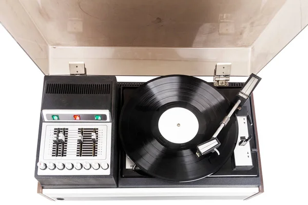 Vintage Turntable Record Player Black Vinyl Isolated White Background — Stock Photo, Image