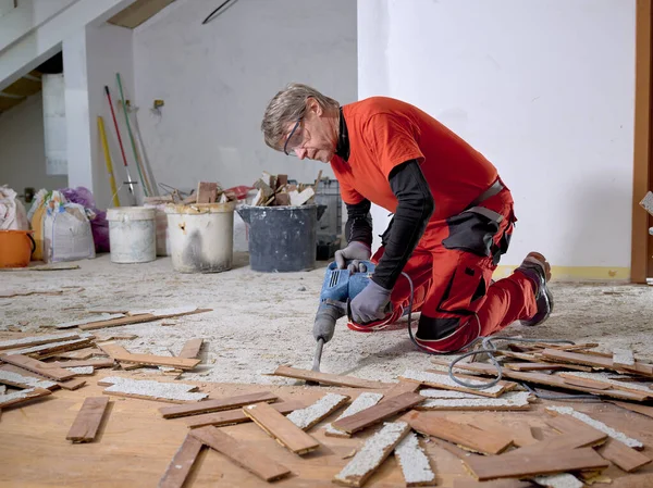 Parquet Wood Glued Slab Removed Electric Demolition Hammer Craftsman Workwear — Fotografia de Stock