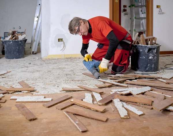 Parquet Wood Glued Slab Removed Electric Demolition Hammer Craftsman Workwear — Fotografia de Stock