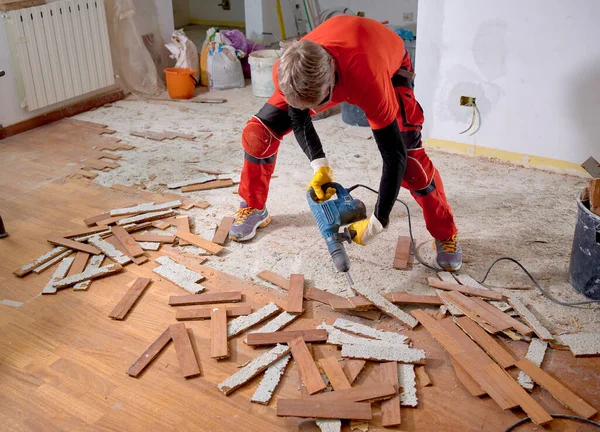 Parquet Madera Pegado Losa Retirado Con Martillo Demolición Eléctrica Por — Foto de Stock