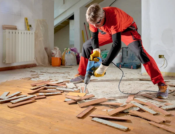 Parquet Wood Glued Slab Removed Electric Demolition Hammer Craftsman Workwear — Fotografia de Stock