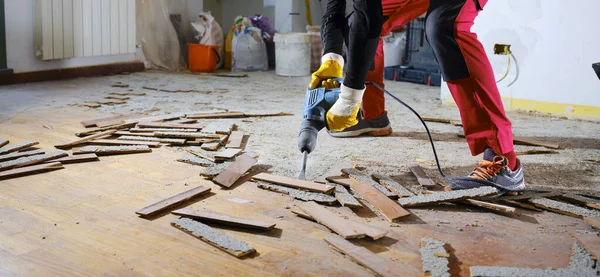 Parquet Wood Glued Slab Removed Electric Demolition Hammer Craftsman Workwear — Fotografia de Stock