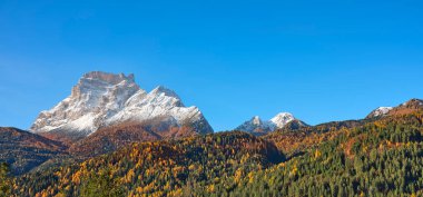 Dolomitlerin ormanlarında sonbahar yaprakları, Cortina d 'Ampezzo' daki Monte Becco di Mezzod 'a tepeden bakan, Veneto, İtalya, Avrupa, ormanlık alanlar ve göller, yürüyüş, bisiklet ve kaya tırmanışları için popüler bir yer..