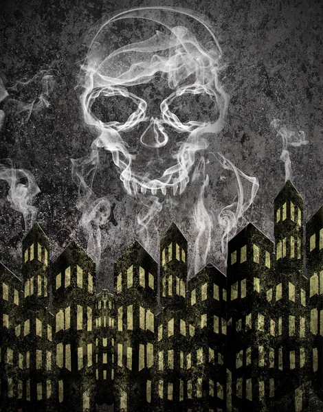 Urban scene background with smoke skull