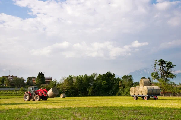 Трактор поднимает пейзаж тюков сена — стоковое фото