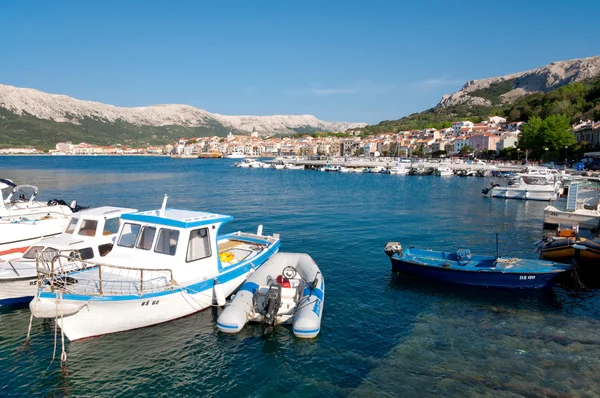 Fisher Boats on port at Baska background Baska old town - Krk - — Stock Photo, Image