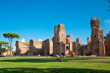 Caracalla springs ruins view from ground with big blue sky at Ro