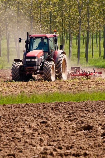 Kırmızı Traktör toprakları arka plan ağaç çiftçilik — Stok fotoğraf
