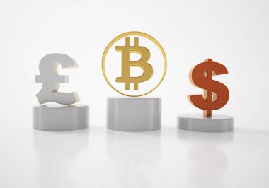 Beyaz üzerine izole edilmiş yuvarlak bir podyumda dolar, bitcoin ve euro işareti. 3d illüstrasyon