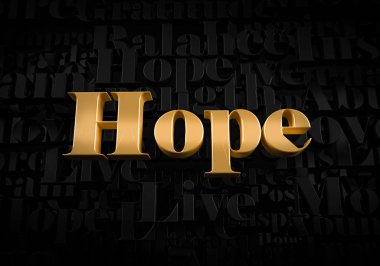 Hope - Siyah metin arkaplanı üzerine altın metin - Motivasyonel kelime 3D oluşturulmuş resim.