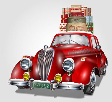 Retro araba ve hediye kutuları. Vektör İllüstrasyonu.