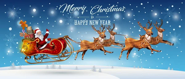 Noel Baba 'nın ren geyikleriyle kızakla uçtuğu bir Noel kartı. Mutlu Noeller vektör illüstrasyonları..