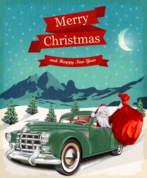 Tarjeta Felicitación Navidad Vintage Con Santa Claus Coche Retro — Vector de stock