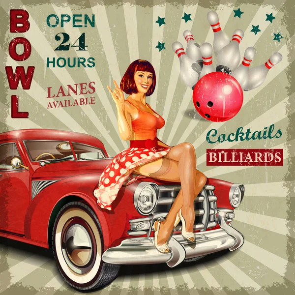 Bowling Poster Vintage Com Pin Menina Carro Retro —  Vetores de Stock