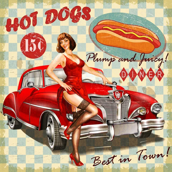 Hot Dog Vintage Poster Pin Girl Retro Car — 스톡 벡터
