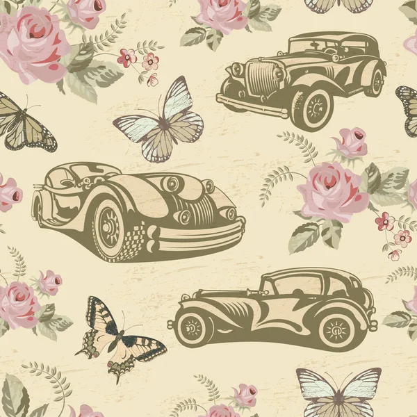Seamless vintage background with retro cars, roses and butterfly.