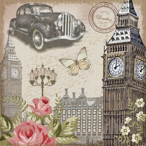 London Vintage Poster Retro Car Big Ben Stockvektor