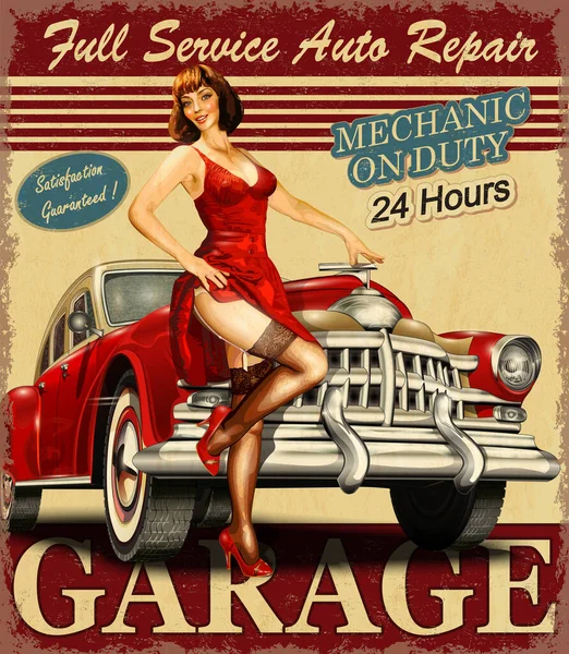 Ретро Плакат Vintage Auto Service Ретро Автомобилем Пинап Девушкой — стоковый вектор
