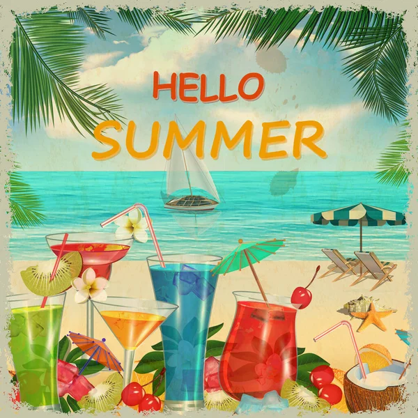 Hallo Sommer Poster Mit Cocktails Strand lizenzfreie Stockillustrationen