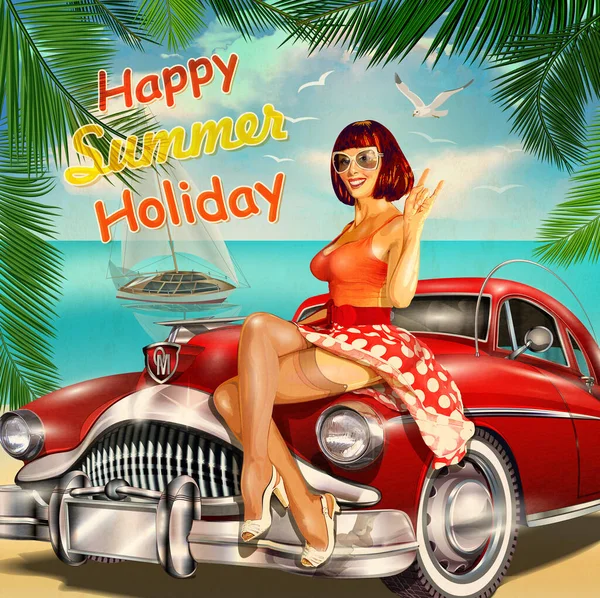 Vintage Urlaub Hintergrund Mit Pin Mädchen Und Retro Auto Vektorgrafiken