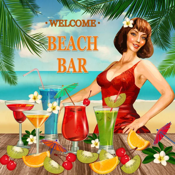 Vintage Beach Bar Poster Mit Pin Mädchen Stockillustration