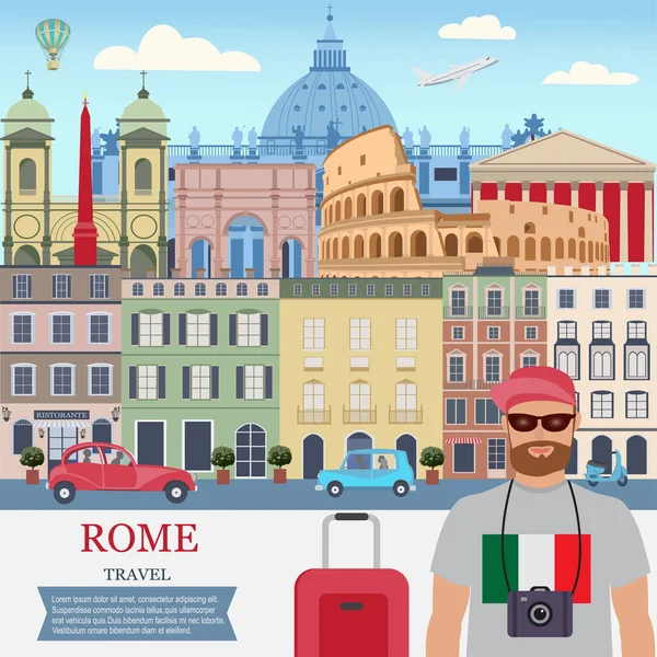Vektorstadt Background Rome Travel Ein Mann Reist Rom lizenzfreie Stockillustrationen